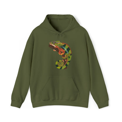 Green hoodie stamped with a digital art illustration chameleon