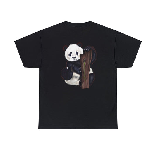 Black t-shirt stamped with a digital art illustration panda