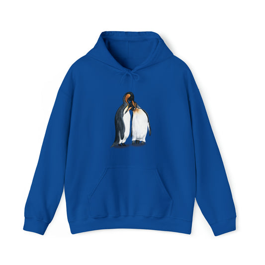 Blue hoodie stamped with a digital art illustration penguin