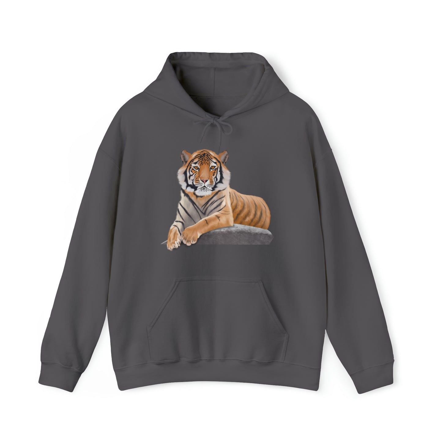 Grey hoodie stamped with a digital art illustration tiger