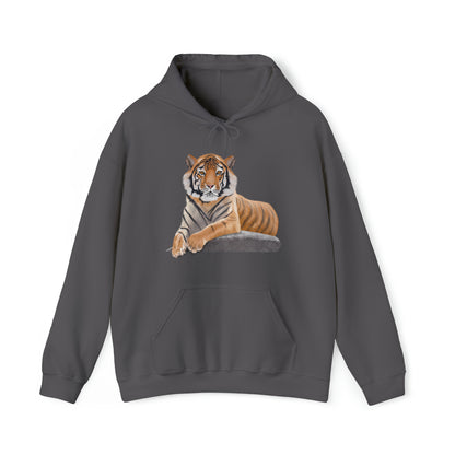 Grey hoodie stamped with a digital art illustration tiger