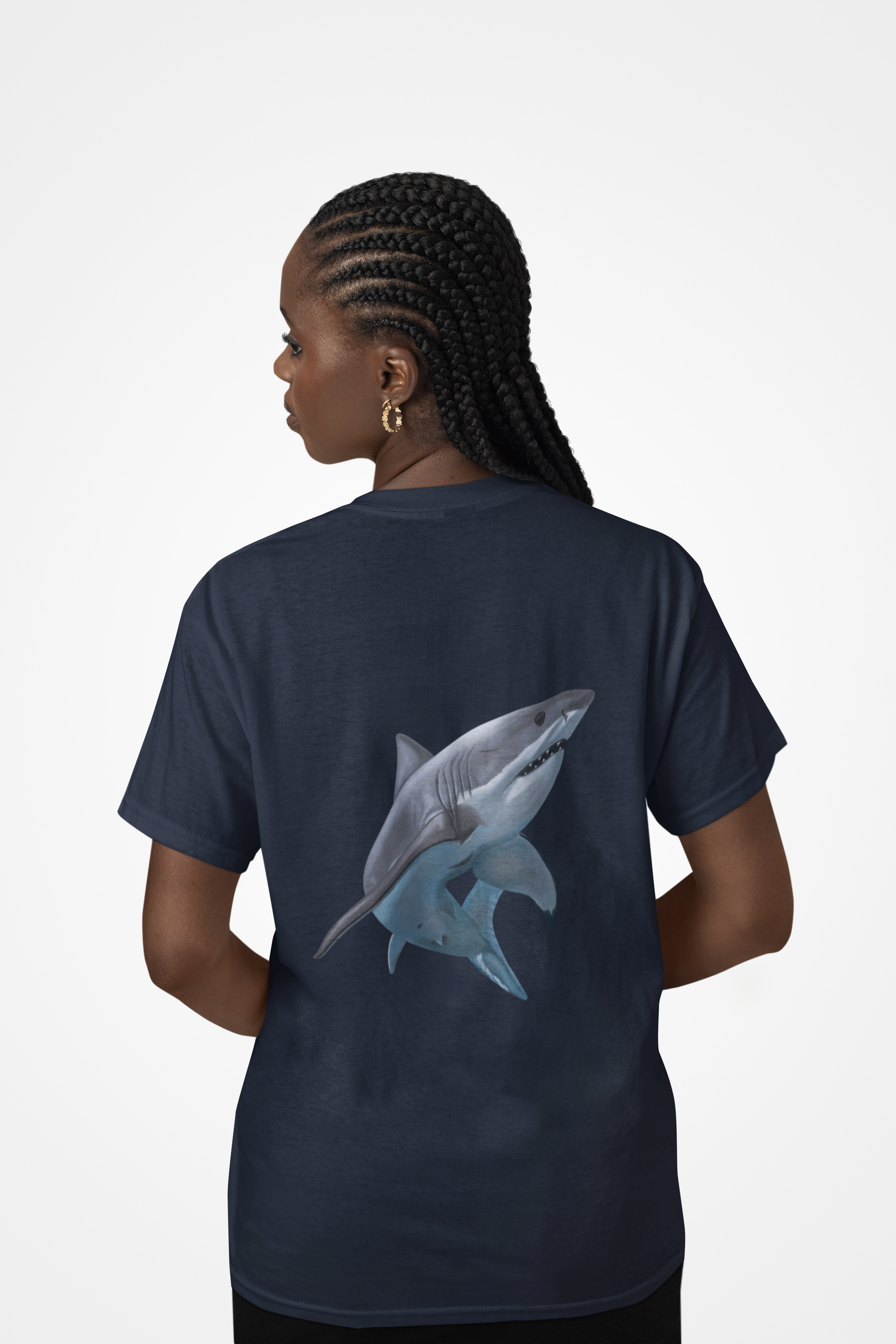 Navy blue t-shirt stamped with a digital art illustration shark